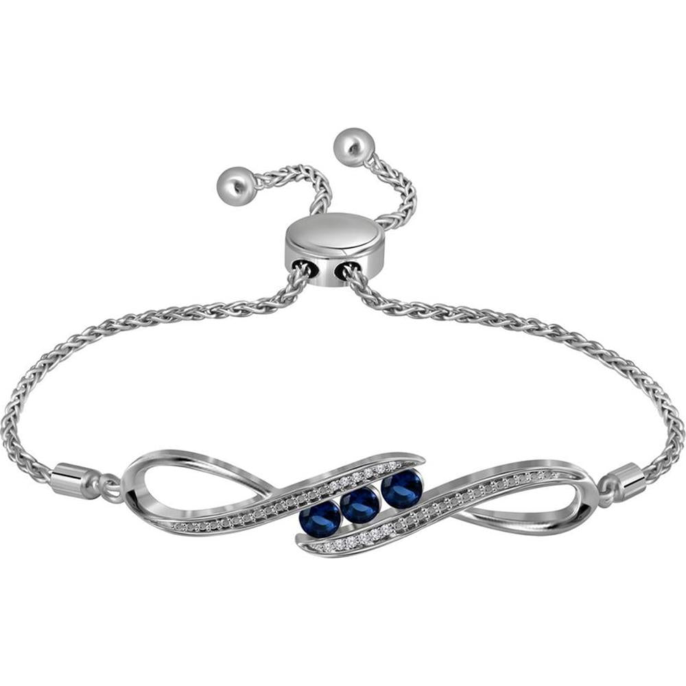 Sterling Silver Bolo Bracelet with 1/2 Carat Round Lab Grown Blue Sapphires and Pave-Set Diamonds