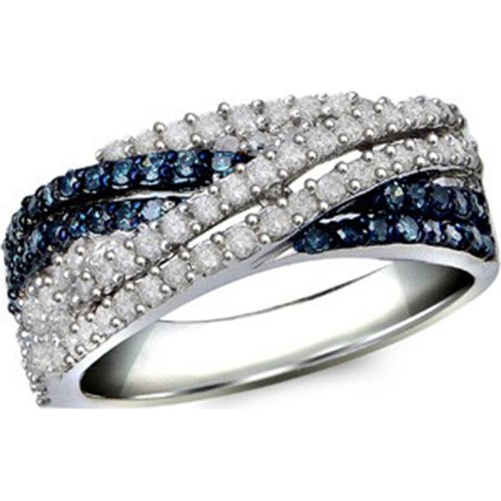 Sterling Silver Crossover Band Ring with Round Blue Diamonds - 7/8 Carat Total Diamond Weight