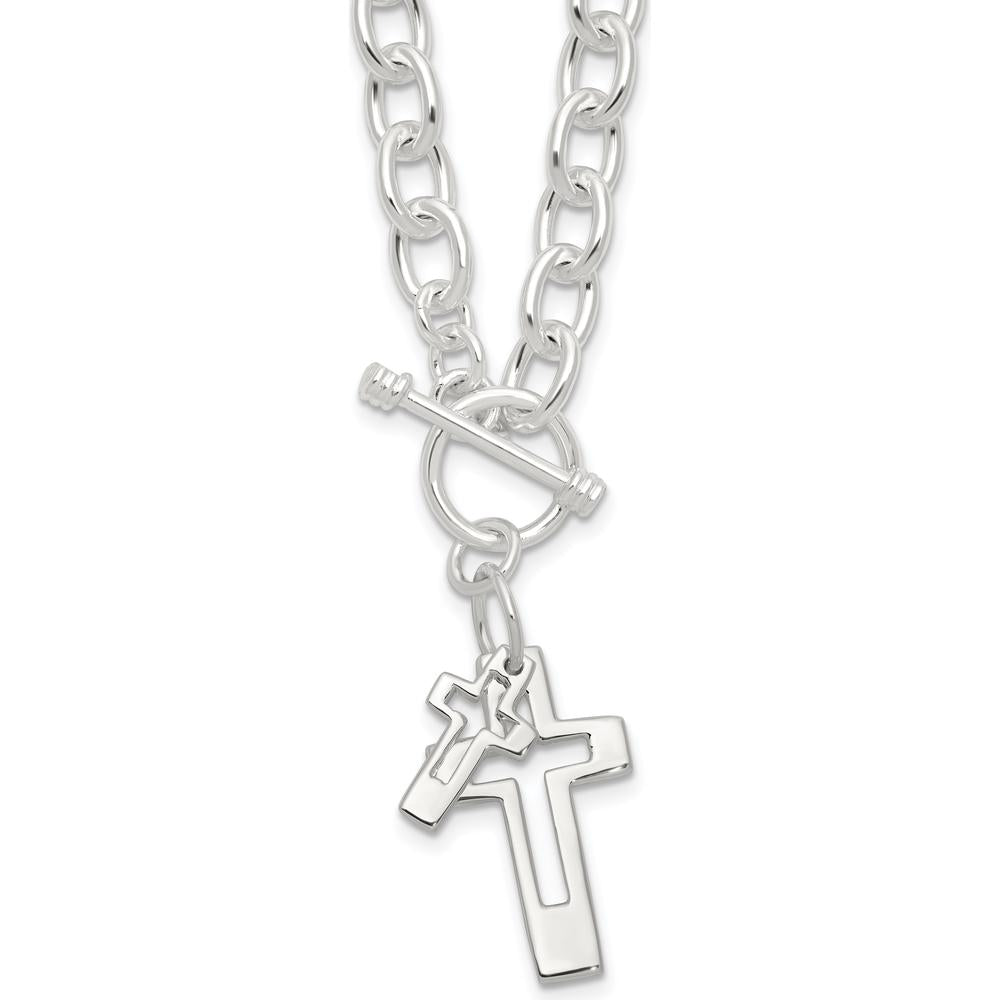 Sterling Silver E-Coated Double Open Cross Toggle Necklace - 18 Inches by Lumare Gioia