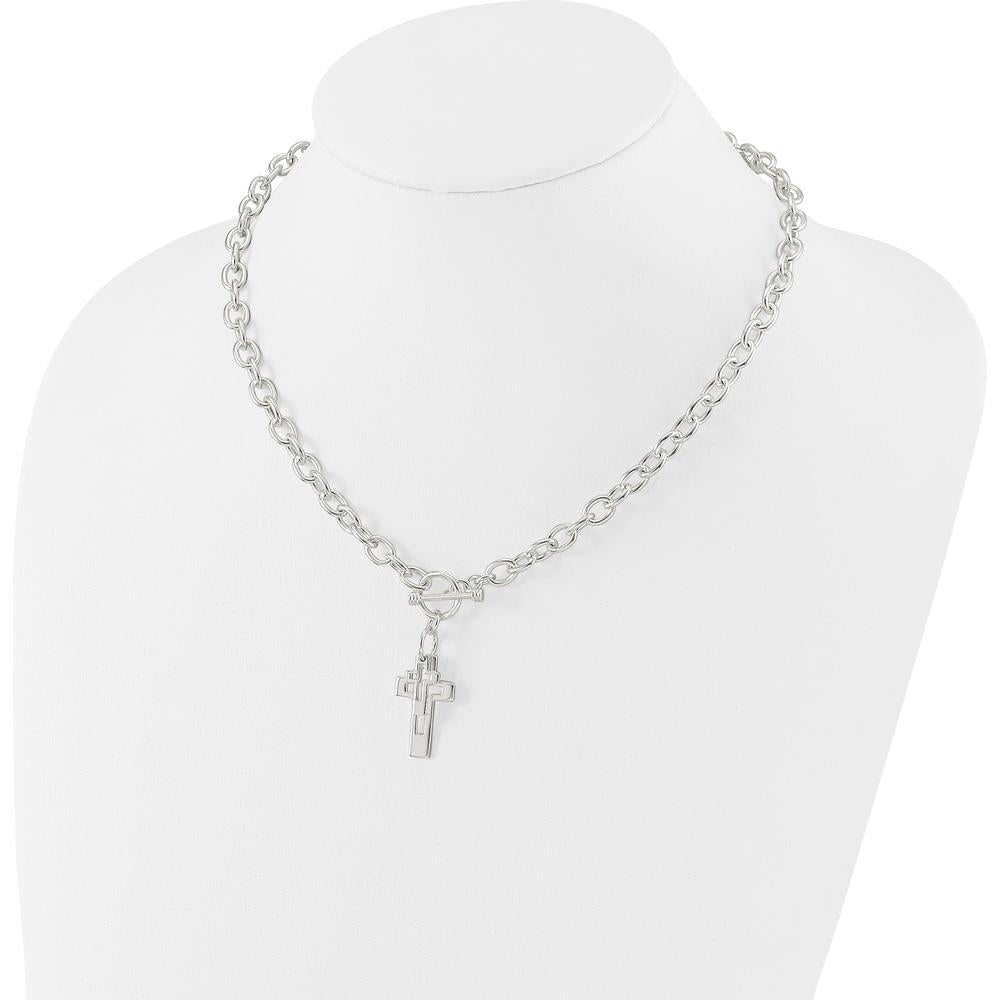 Sterling Silver E-Coated Double Open Cross Toggle Necklace - 18 Inches by Lumare Gioia