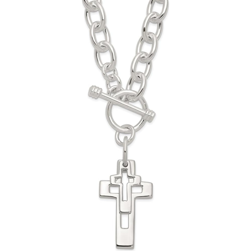 Sterling Silver E-Coated Double Open Cross Toggle Necklace - 18 Inches by Lumare Gioia