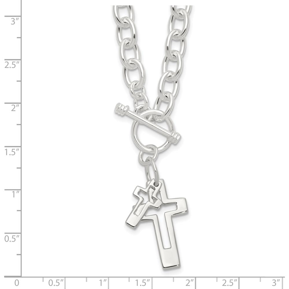 Sterling Silver E-Coated Double Open Cross Toggle Necklace - 18 Inches by Lumare Gioia