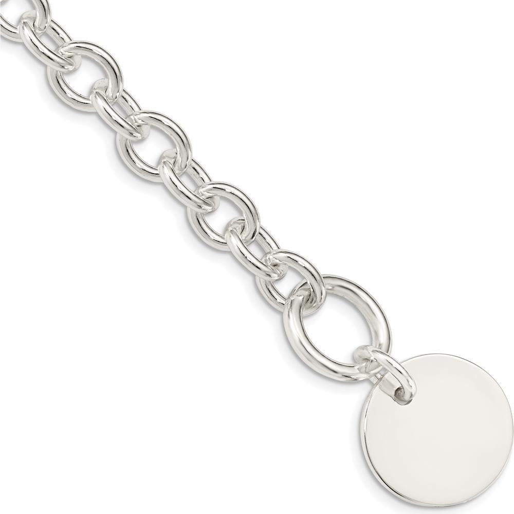 Sterling Silver Engraveable Circular Disc Charm Bracelet on Cable Link Chain - Polished Finish 7.5" Length by Lumare Gioia