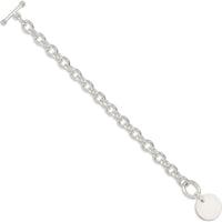 Sterling Silver Engraveable Circular Disc Charm Bracelet on Cable Link Chain - Polished Finish 7.5" Length by Lumare Gioia