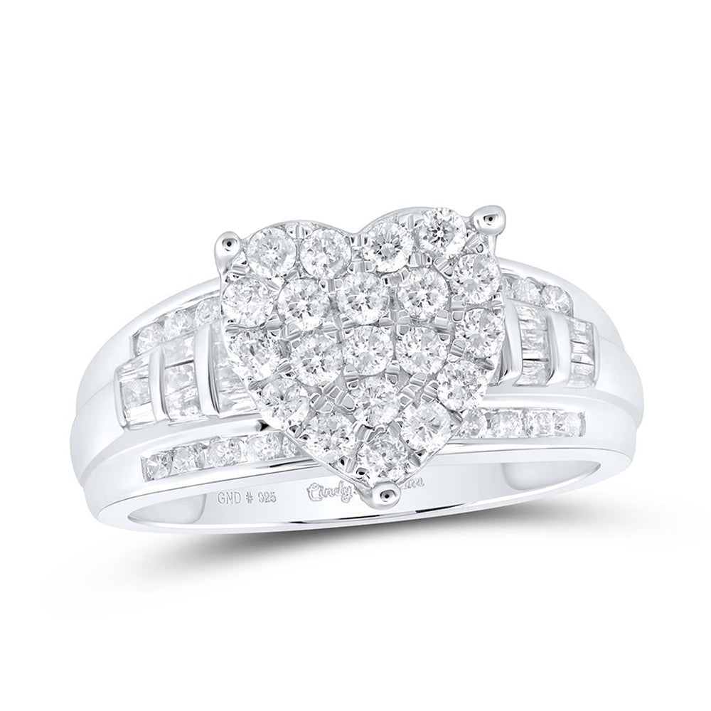 Sterling Silver Heart Cluster Ring with Natural Diamonds - 1 Carat Total Diamond Weight