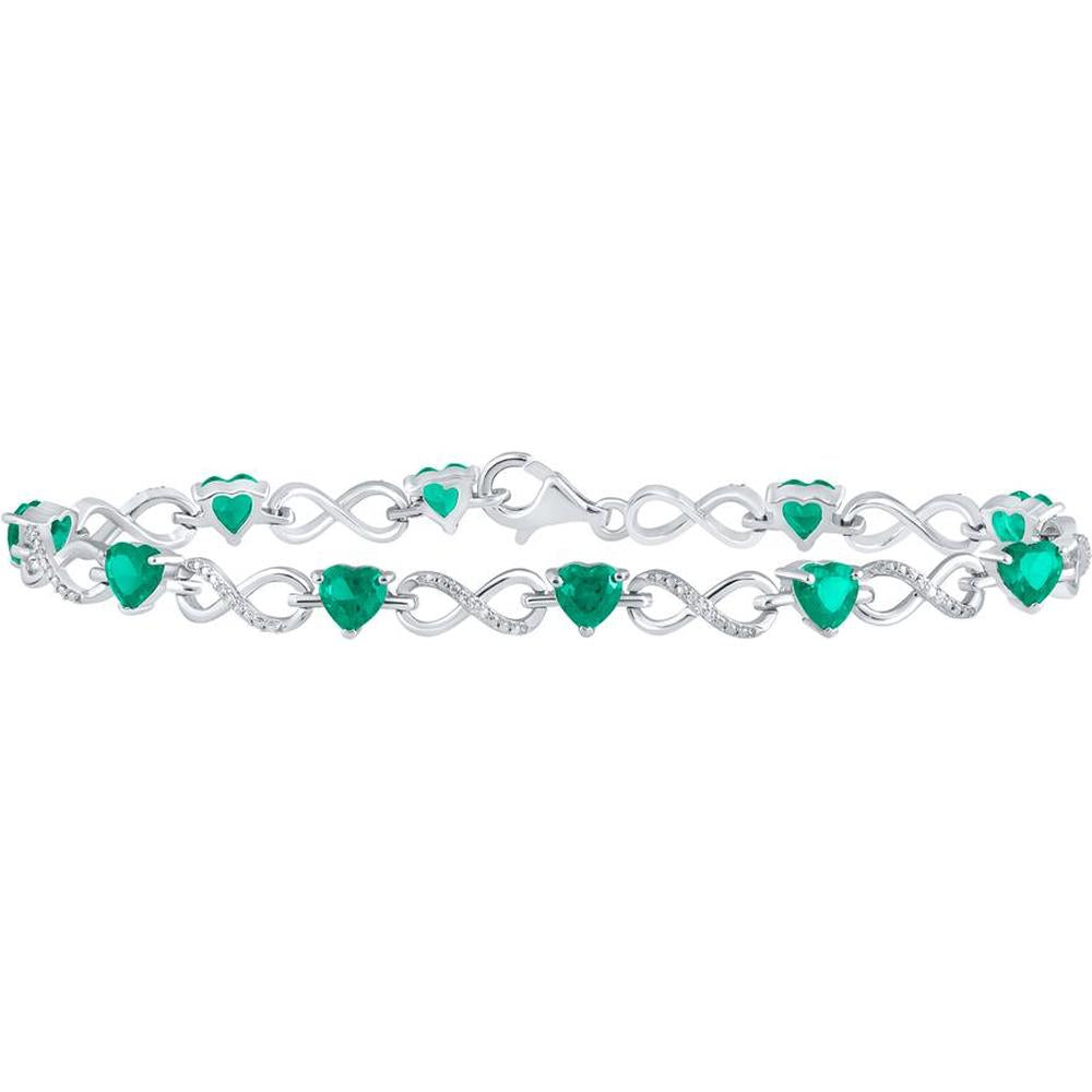 Sterling Silver Heart Lab Grown Emerald Infinity Bracelet with Round Diamonds - 5/8 Carat Total Gem Weight