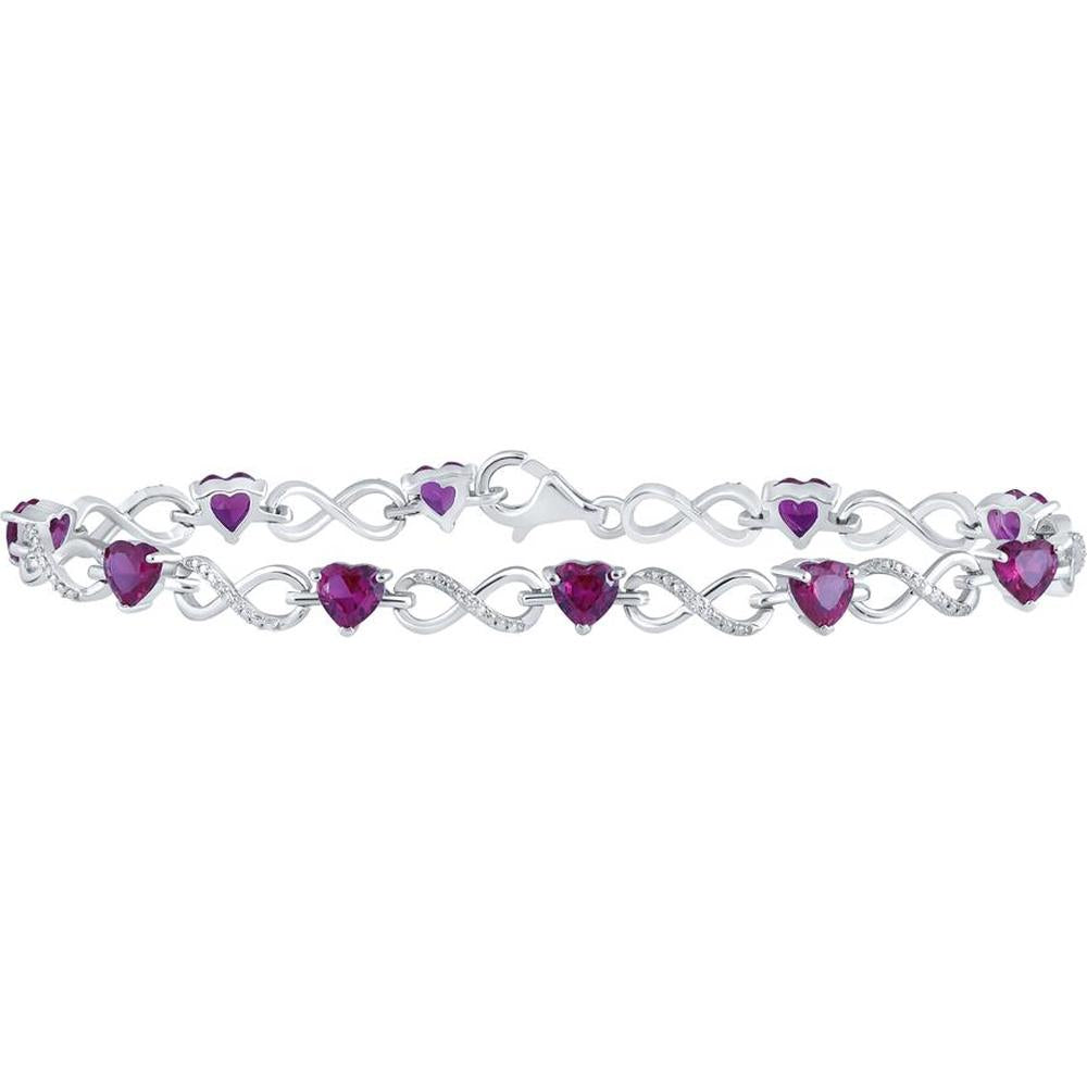 Sterling Silver Heart Lab Grown Ruby and Diamond Infinity Bracelet - 7 Carat Total Gem Weight