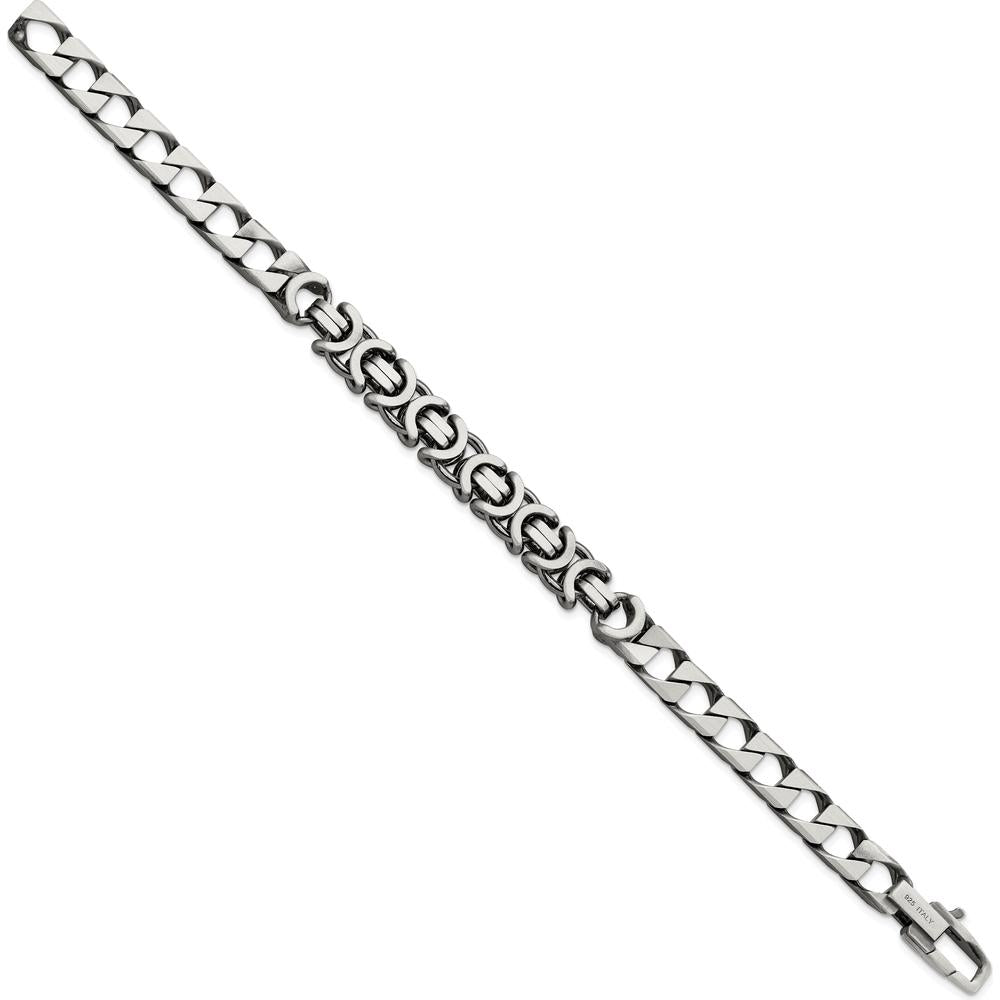 Sterling Silver Men's Antiqued Brushed Curb Chain Bracelet with Black Rhodium Accents - 8.5in Length by Lumare Gioia