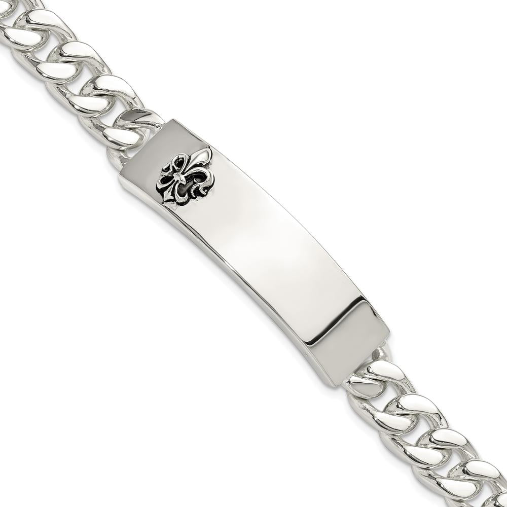 Sterling Silver Men's ID Bracelet with Antiqued Fleur-de-lis and Black Enamel Accents - 8.5 Inch by Lumare Gioia