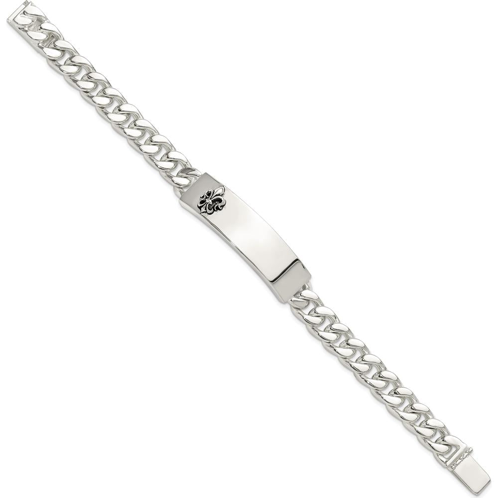 Sterling Silver Men's ID Bracelet with Antiqued Fleur-de-lis and Black Enamel Accents - 8.5 Inch by Lumare Gioia