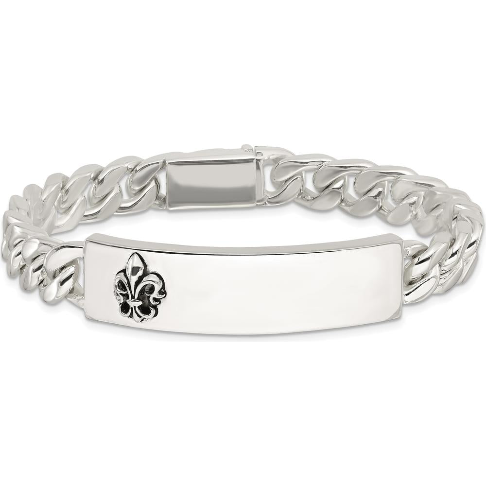 Sterling Silver Men's ID Bracelet with Antiqued Fleur-de-lis and Black Enamel Accents - 8.5 Inch by Lumare Gioia