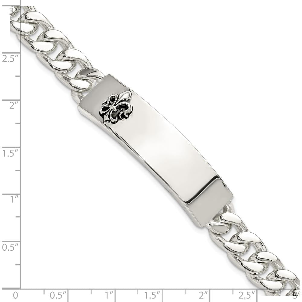 Sterling Silver Men's ID Bracelet with Antiqued Fleur-de-lis and Black Enamel Accents - 8.5 Inch by Lumare Gioia