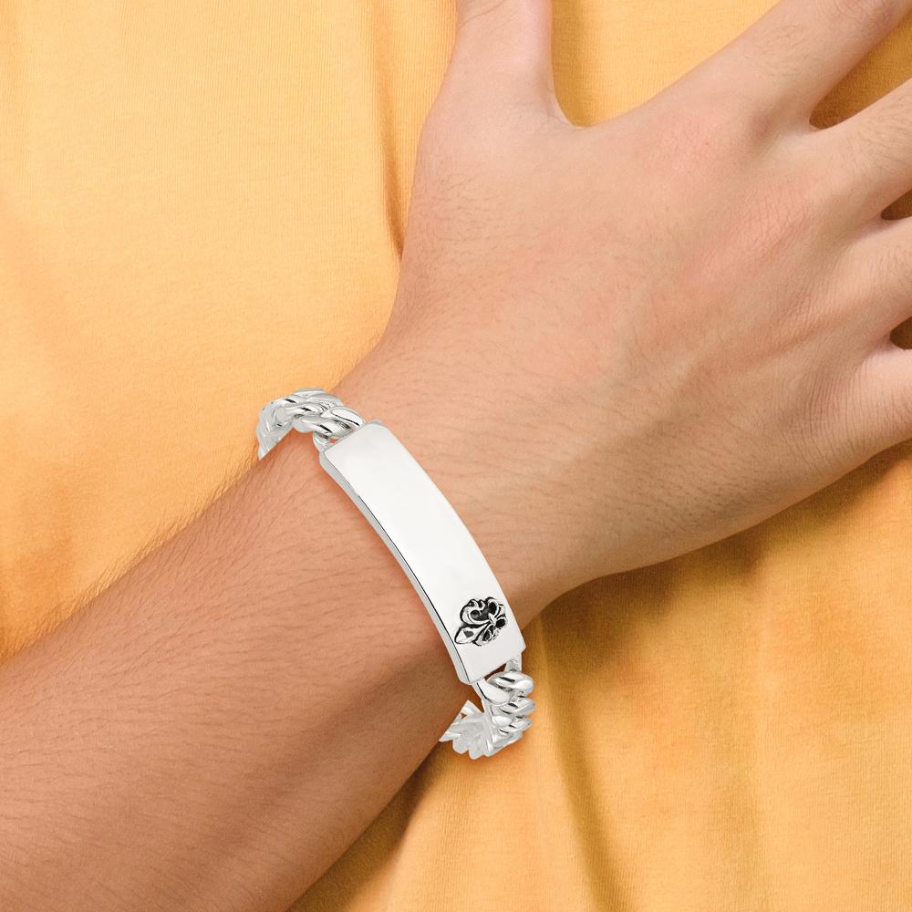 Sterling Silver Men's ID Bracelet with Antiqued Fleur-de-lis and Black Enamel Accents - 8.5 Inch by Lumare Gioia