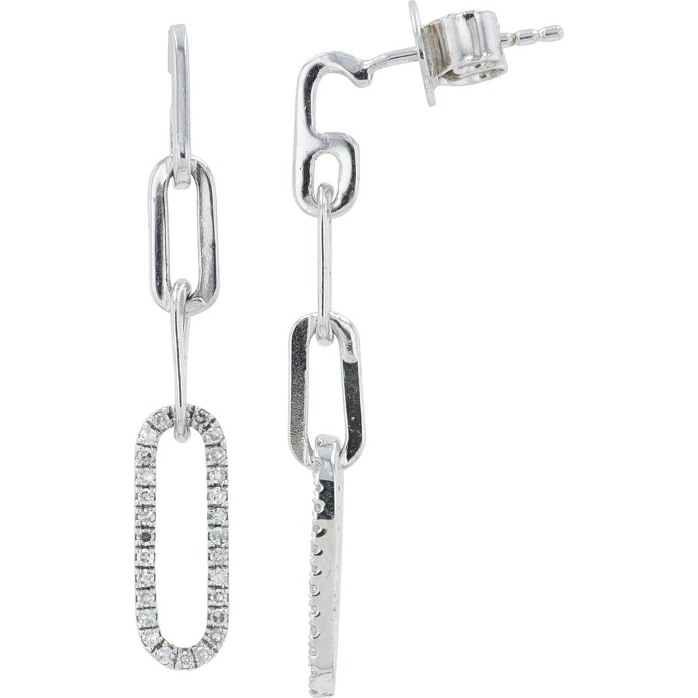 Sterling Silver Modern Paperclip Link Drop Earrings with Pave-Set Round Diamonds - 0.21 Carat Total Diamond Weight