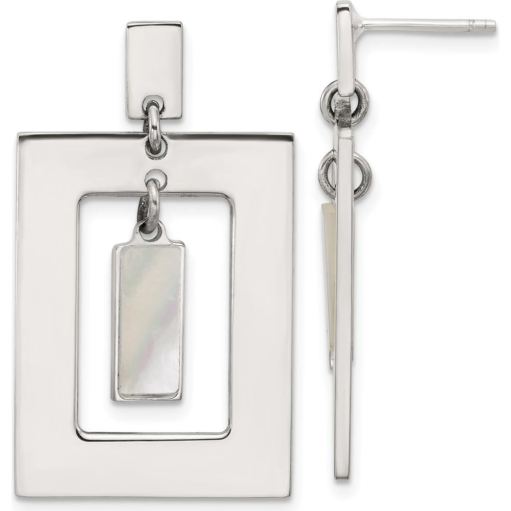 Sterling Silver Open Rectangle Dangle Earrings with Mother of Pearl Pendant by Lumare Gioia
