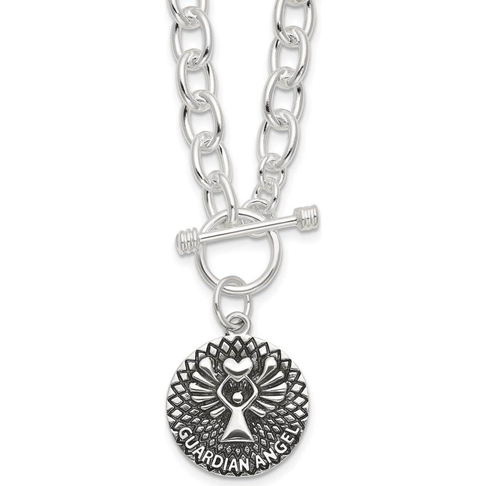 Sterling Silver Oxidized Dangle Guardian Angel Toggle Clasp Necklace - 18.5 Inches by Lumare Gioia