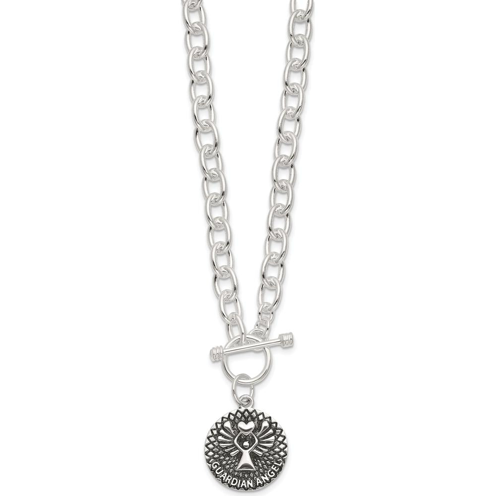 Sterling Silver Oxidized Dangle Guardian Angel Toggle Clasp Necklace - 18.5 Inches by Lumare Gioia