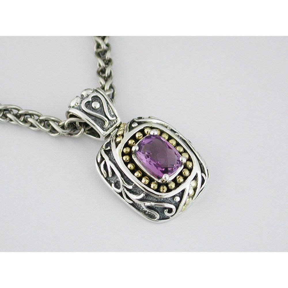 Sterling Silver Oxidized Pendant with Oval Amethyst and Golden Milgrain Accents - 1.40 Carat Total Gem Weight - Royal Jewelry