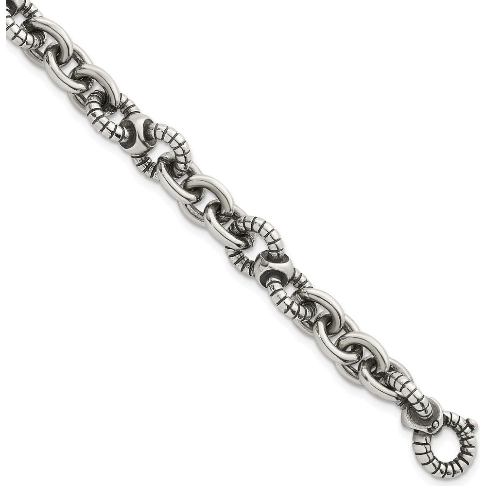 Sterling Silver Oxidized Textured Round Cable Link Men's Bracelet - 9.5mm Width, 8.5" Length by Lumare Gioia