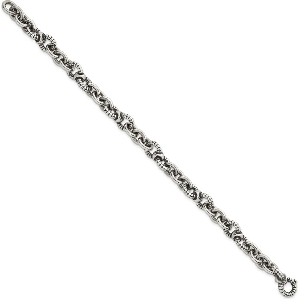 Sterling Silver Oxidized Textured Round Cable Link Men's Bracelet - 9.5mm Width, 8.5" Length by Lumare Gioia