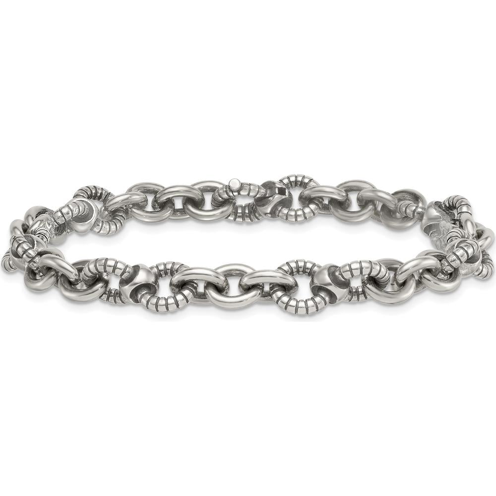 Sterling Silver Oxidized Textured Round Cable Link Men's Bracelet - 9.5mm Width, 8.5" Length by Lumare Gioia