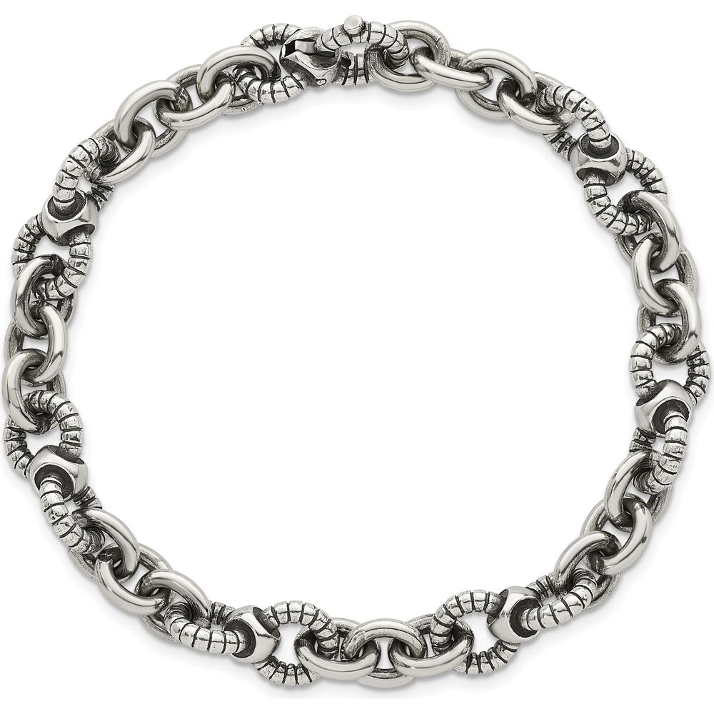 Sterling Silver Oxidized Textured Round Cable Link Men's Bracelet - 9.5mm Width, 8.5" Length by Lumare Gioia