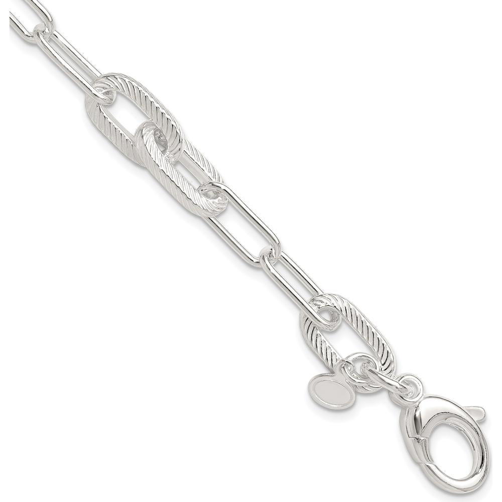 Sterling Silver Polished and Textured Paperclip Link Bracelet - 7.5 Inches by Lumare Gioia