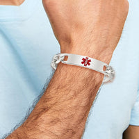 Sterling Silver Polished Medical Figaro Anchor Link ID Bracelet with Red Enamel Medical Symbol by Lumare Gioia