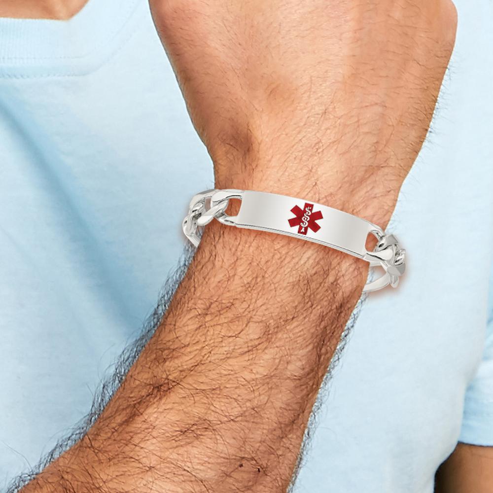 Sterling Silver Polished Medical Figaro Anchor Link ID Bracelet with Red Enamel Medical Symbol by Lumare Gioia