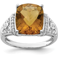 Sterling Silver Rhodium Cushion-Cut Whiskey Quartz Ring with Diamond Accent - 5.45 Carat Whiskey Quartz, 0.106 Carat Diamond Total Weight by Lumare Gioia