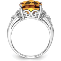 Sterling Silver Rhodium Cushion-Cut Whiskey Quartz Ring with Diamond Accent - 5.45 Carat Whiskey Quartz, 0.106 Carat Diamond Total Weight by Lumare Gioia