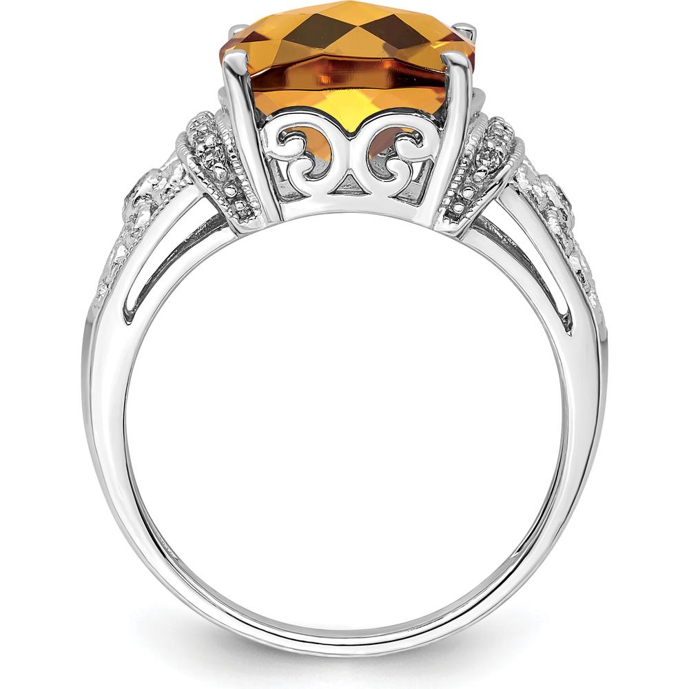 Sterling Silver Rhodium Cushion-Cut Whiskey Quartz Ring with Diamond Accent - 5.45 Carat Whiskey Quartz, 0.106 Carat Diamond Total Weight by Lumare Gioia