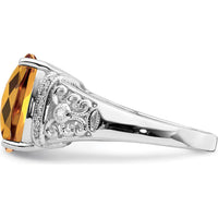 Sterling Silver Rhodium Cushion-Cut Whiskey Quartz Ring with Diamond Accent - 5.45 Carat Whiskey Quartz, 0.106 Carat Diamond Total Weight by Lumare Gioia