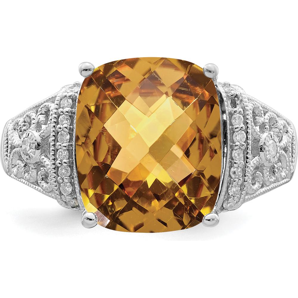 Sterling Silver Rhodium Cushion-Cut Whiskey Quartz Ring with Diamond Accent - 5.45 Carat Whiskey Quartz, 0.106 Carat Diamond Total Weight by Lumare Gioia