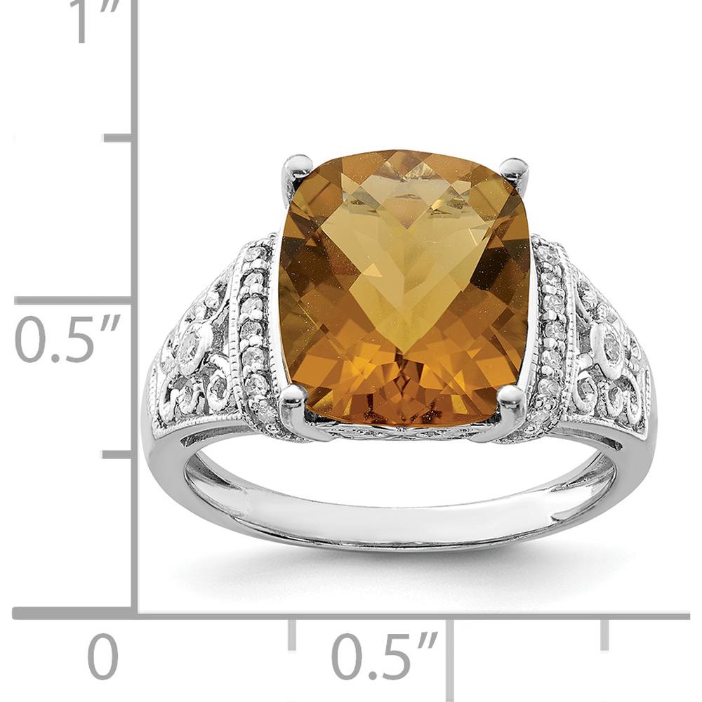 Sterling Silver Rhodium Cushion-Cut Whiskey Quartz Ring with Diamond Accent - 5.45 Carat Whiskey Quartz, 0.106 Carat Diamond Total Weight by Lumare Gioia