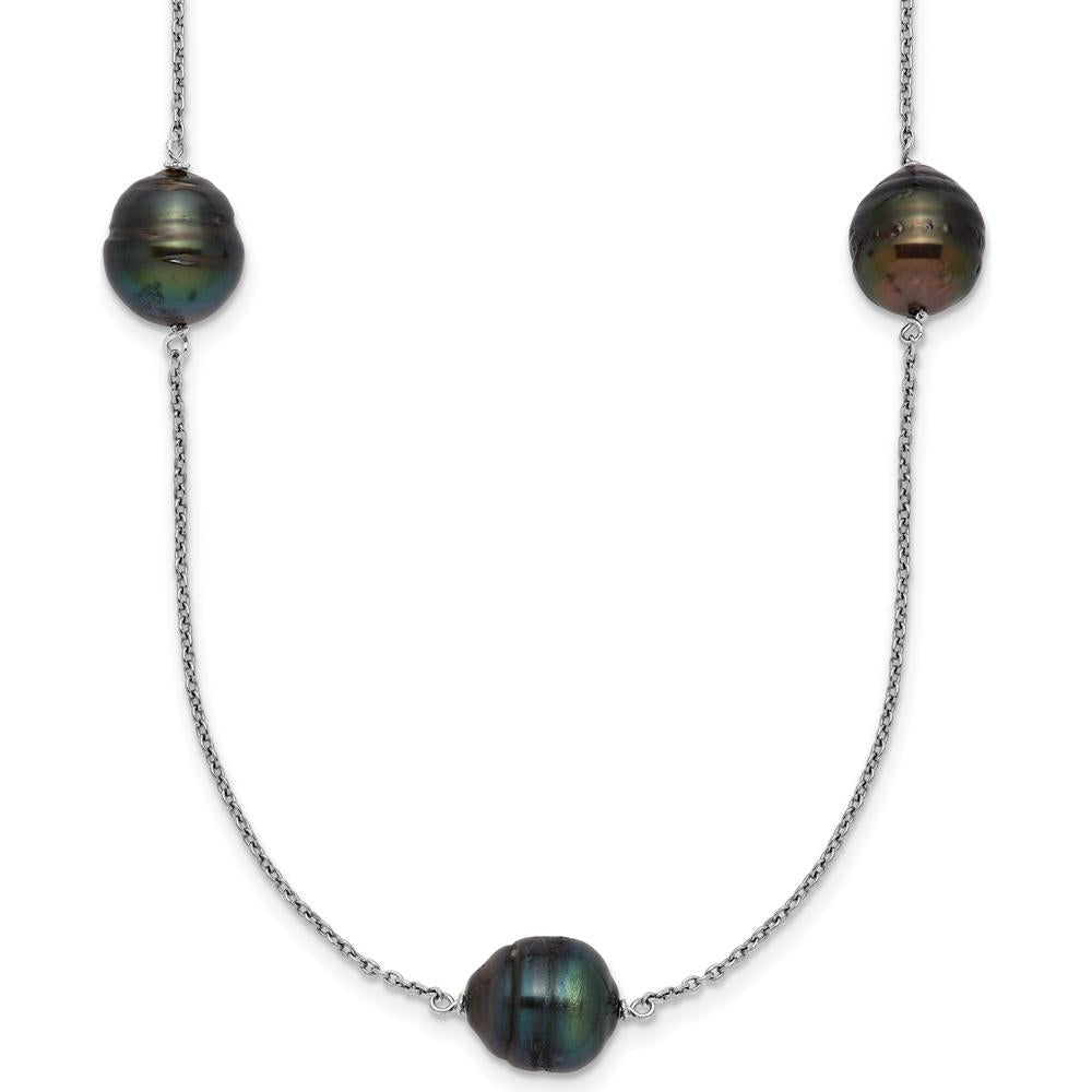 Sterling Silver Rhodium-Plated 18" Necklace with 5 Baroque Black Tahitian Cultured Pearls - 9-10mm by Monteluci Fine Jewelry