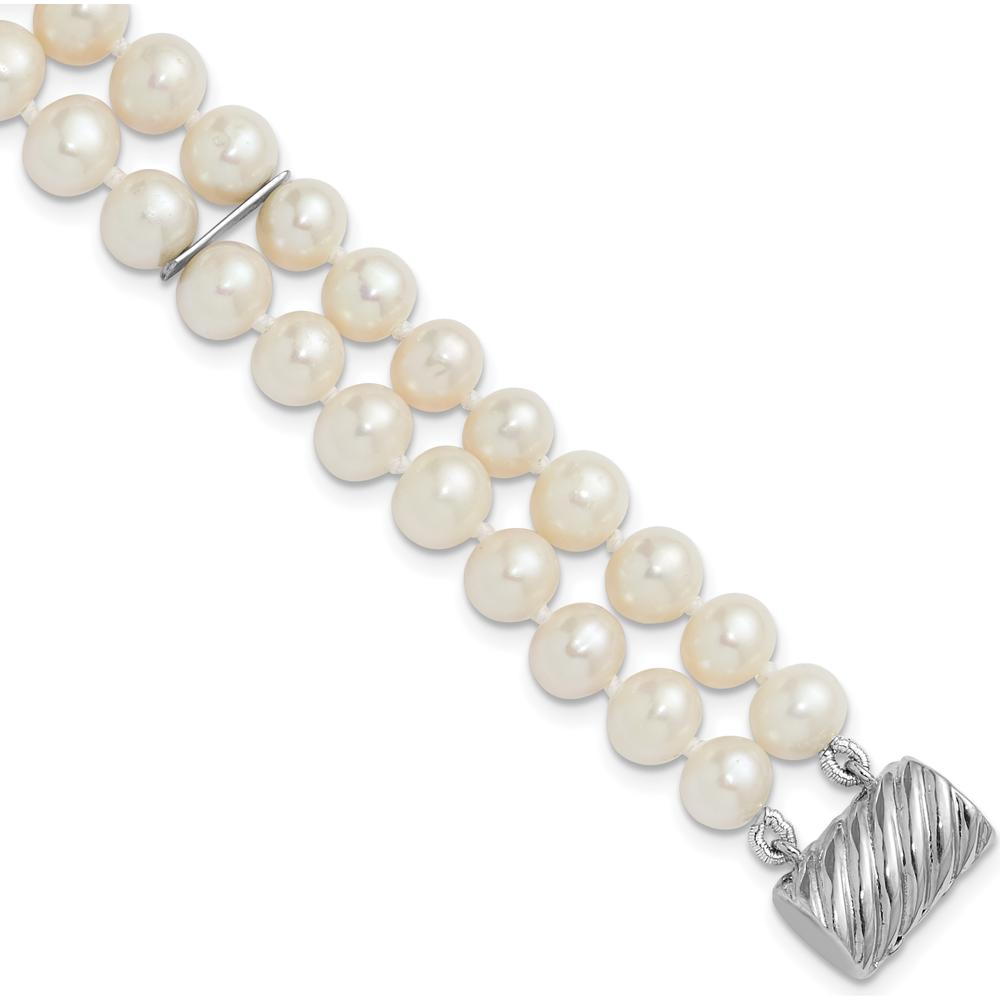 Sterling Silver Rhodium-Plated 2-Strand Freshwater Cultured Pearl Bracelet - 6-7mm Pearls, 7" Length by Monteluci Fine Jewelry