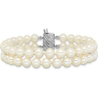 Sterling Silver Rhodium-Plated 2-Strand Freshwater Cultured Pearl Bracelet - 6-7mm Pearls, 7" Length by Monteluci Fine Jewelry