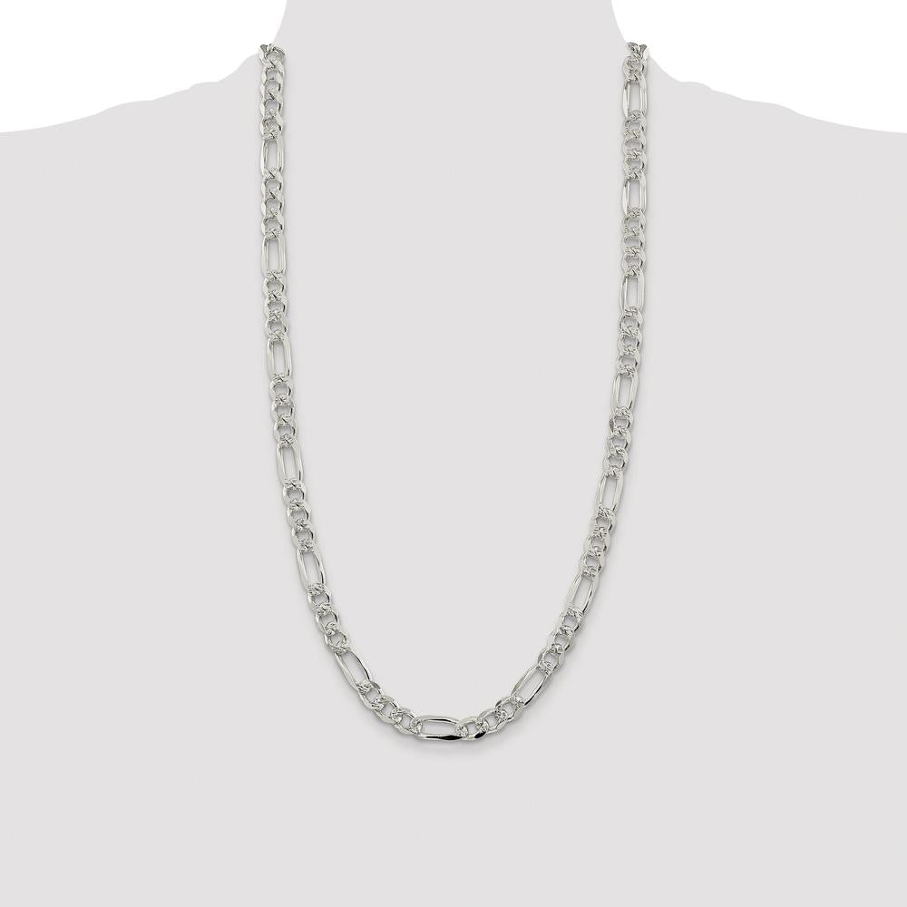 Sterling Silver Rhodium-Plated 28" Flat Figaro Chain with Pave Detailing - 8mm Width by Lumare Gioia