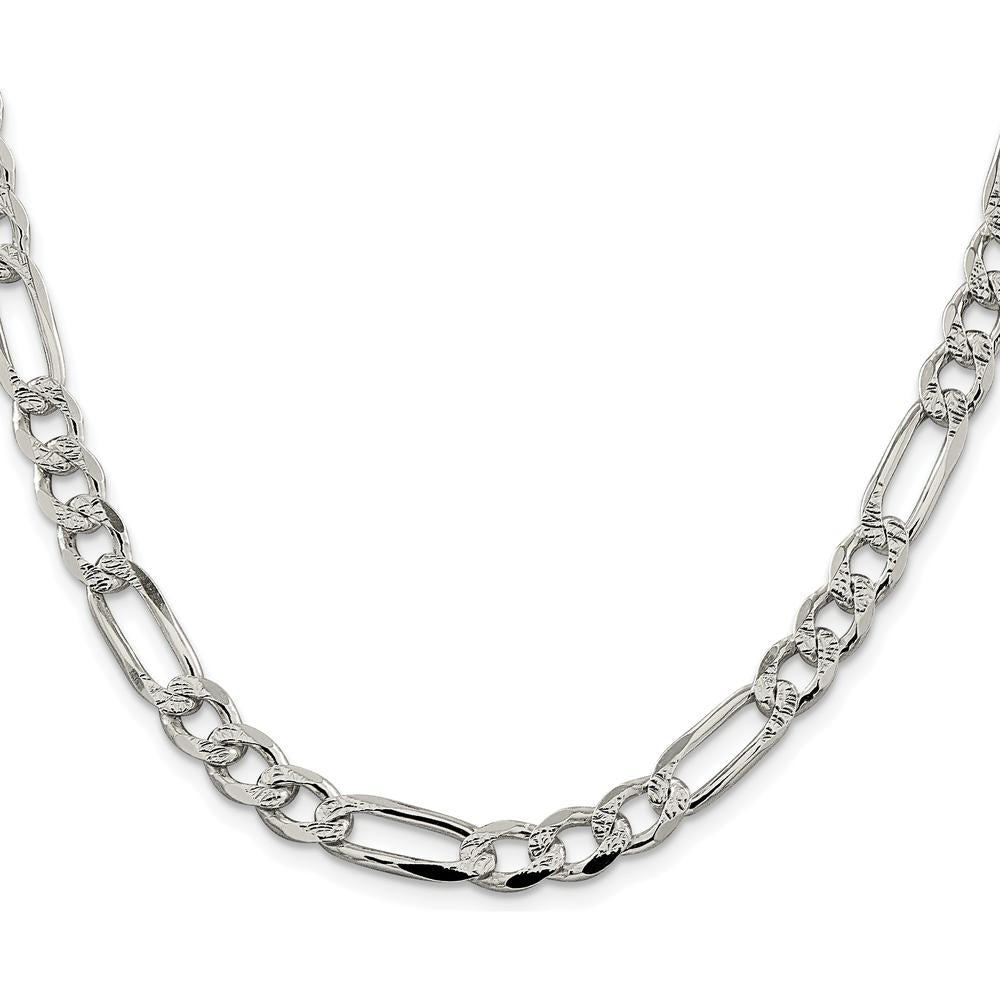 Sterling Silver Rhodium-Plated 7.25mm Pavé Flat Figaro Chain - 24 Inch Length by Lumare Gioia