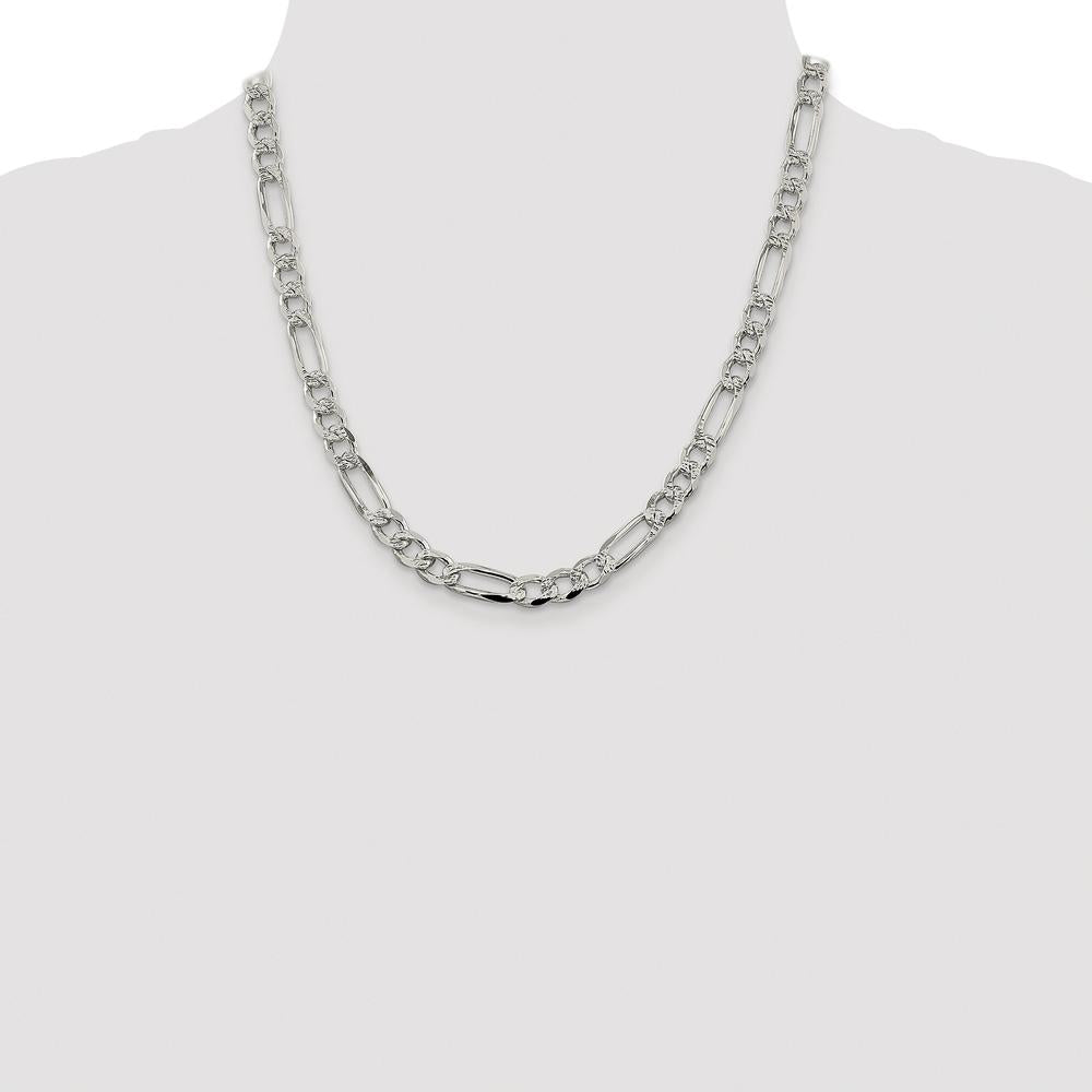Sterling Silver Rhodium-Plated 7.25mm Pavé Flat Figaro Chain Necklace - 20" Length by Lumare Gioia