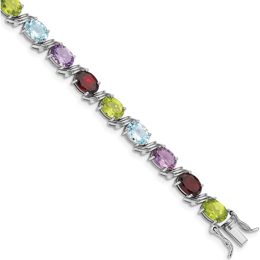 Sterling Silver Rhodium-Plated 7.5" Multi-Gemstone Bracelet with Oval Amethysts, Garnets, Sky Blue Topaz, and Peridot - 15.5 Carat Total Gemstone Weight by Lumare Gioia