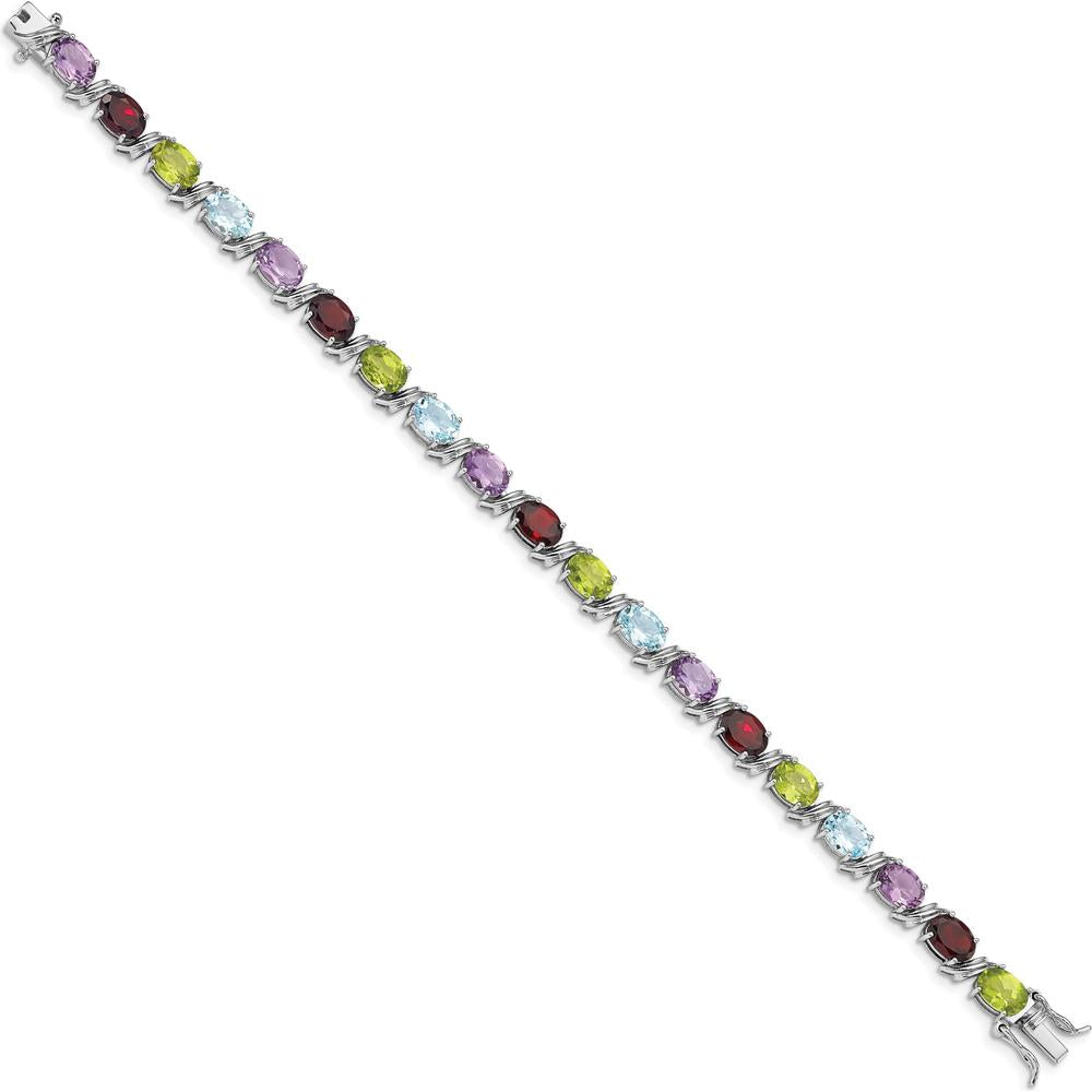 Sterling Silver Rhodium-Plated 7.5" Multi-Gemstone Bracelet with Oval Amethysts, Garnets, Sky Blue Topaz, and Peridot - 15.5 Carat Total Gemstone Weight by Lumare Gioia