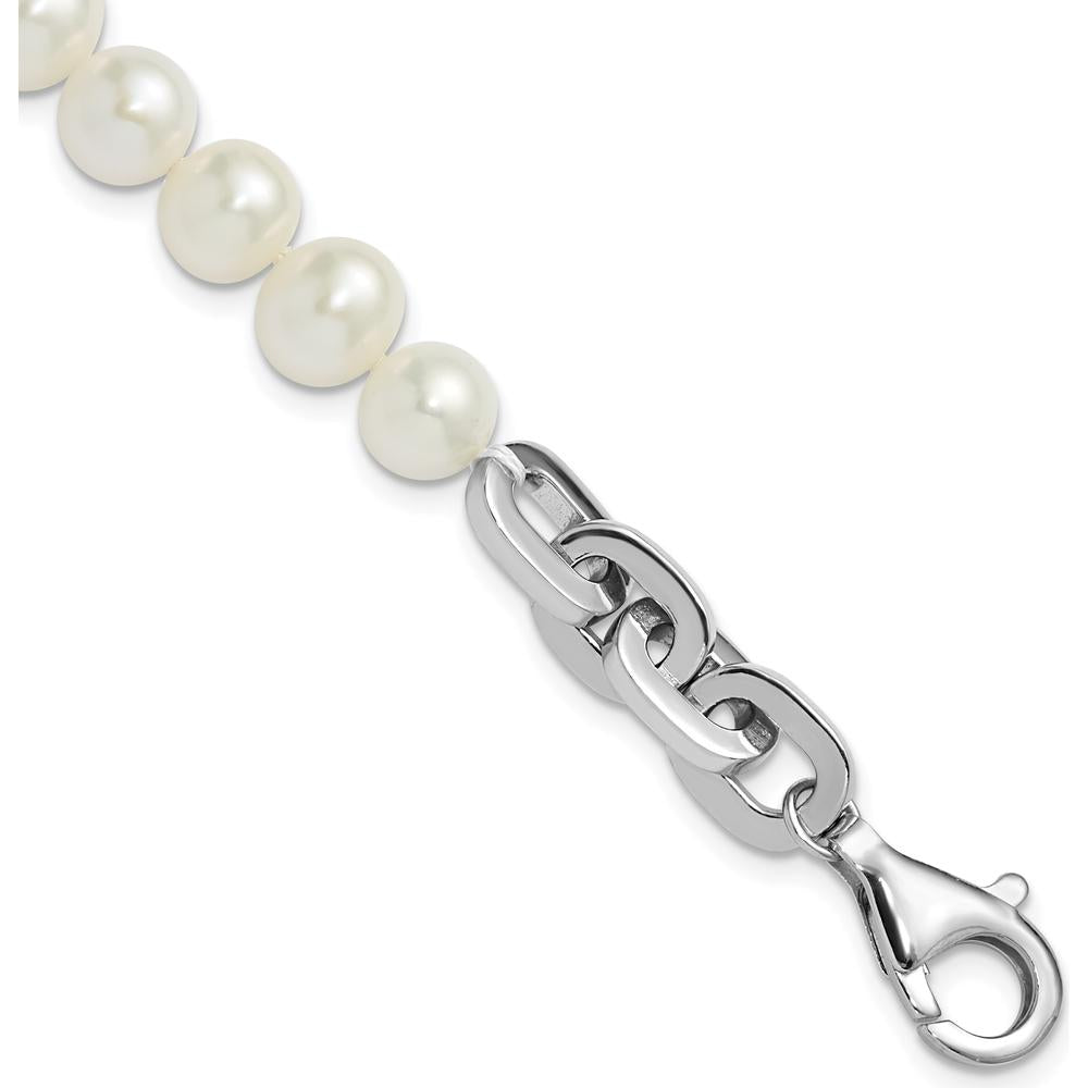 Sterling Silver Rhodium-Plated 7-8mm Round White Freshwater Cultured Pearl Link Bracelet - 8 inches by Monteluci Fine Jewelry