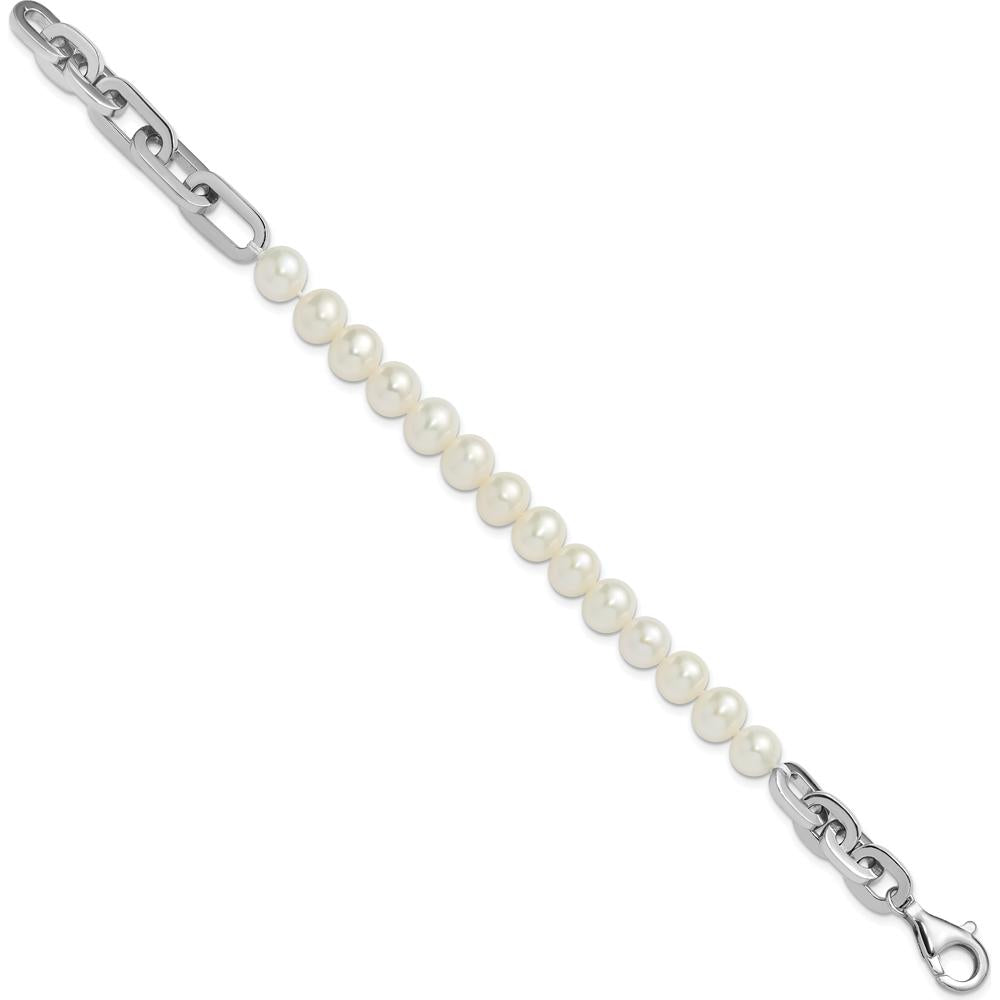 Sterling Silver Rhodium-Plated 7-8mm Round White Freshwater Cultured Pearl Link Bracelet - 8 inches by Monteluci Fine Jewelry