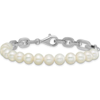 Sterling Silver Rhodium-Plated 7-8mm Round White Freshwater Cultured Pearl Link Bracelet - 8 inches by Monteluci Fine Jewelry