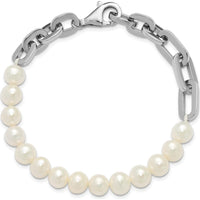 Sterling Silver Rhodium-Plated 7-8mm Round White Freshwater Cultured Pearl Link Bracelet - 8 inches by Monteluci Fine Jewelry
