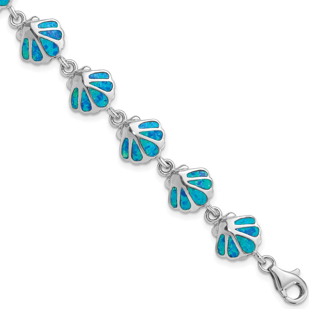 Sterling Silver Rhodium-Plated 7" Bracelet with Created Blue Opal Inlay Shell Motif by Lumare Gioia