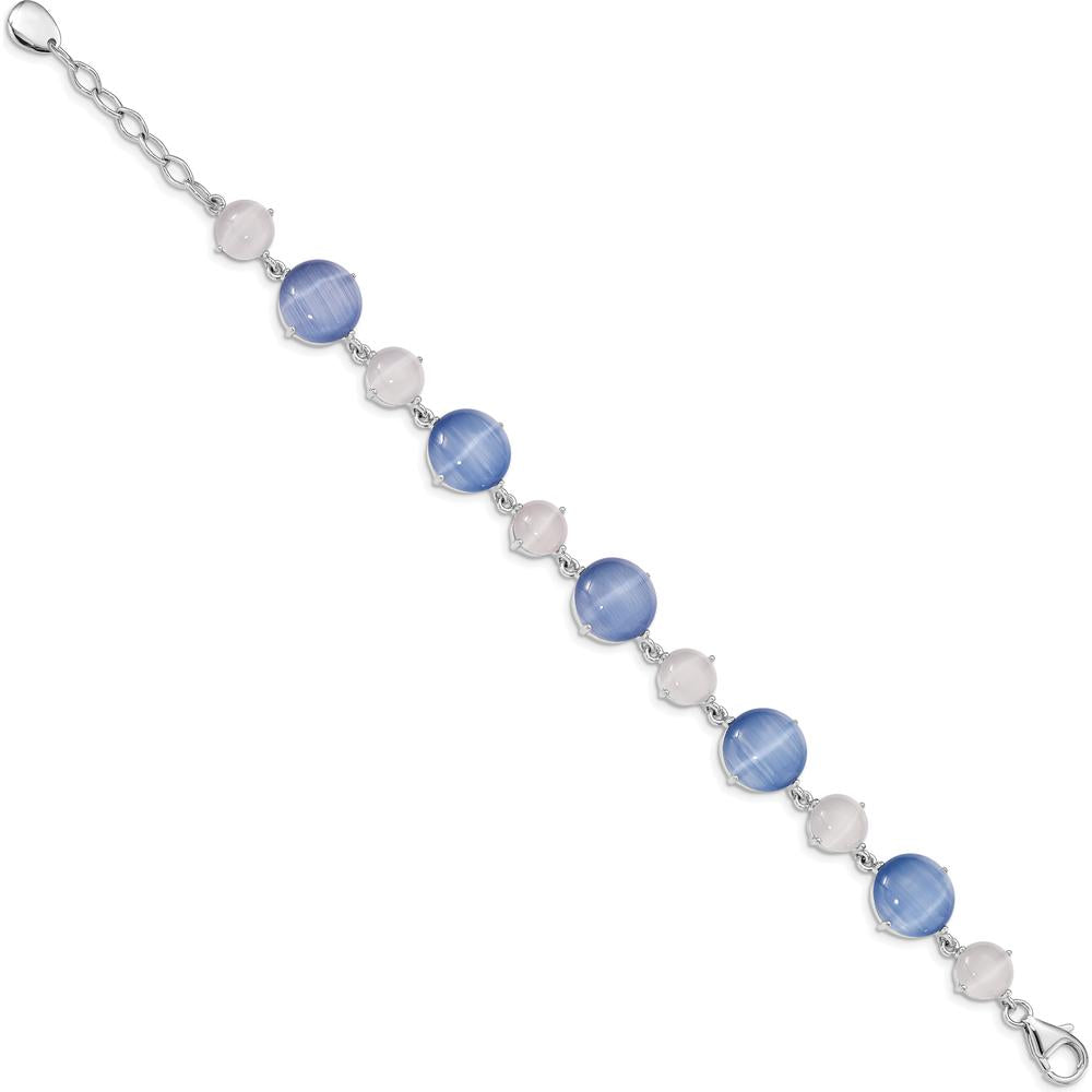 Sterling Silver Rhodium-Plated 7" Bracelet with Lab Created Blue and White Cat's Eye Stones - 1.0 Carat Total Weight by Lumare Gioia