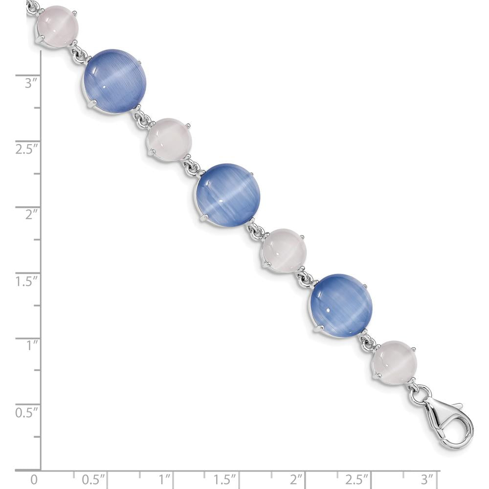 Sterling Silver Rhodium-Plated 7" Bracelet with Lab Created Blue and White Cat's Eye Stones - 1.0 Carat Total Weight by Lumare Gioia